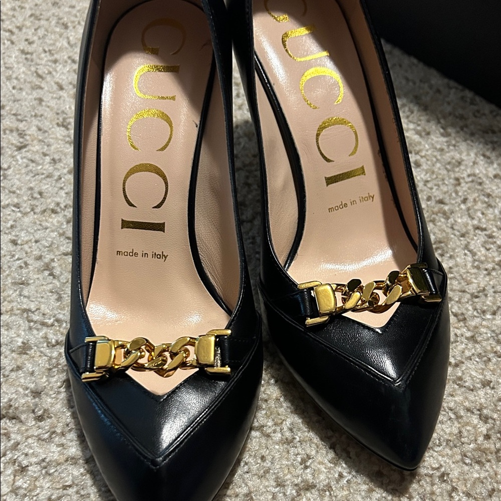 Gucci Black Heels W Box with Gold Chain Accent
